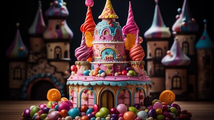 Wall Mural - Cake shaped like a castle with colorful candies lining the walls.