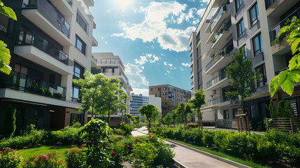 Cityscape of a residential area with modern apartment buildings, new green urban landscape in the city