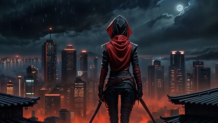 Portrait of a beautiful Asian ninja girl against the backdrop of a night city. Japan. Anime, the people of Thailand, the style of the devil in red clothes.