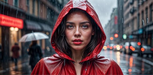 Wall Mural - Portrait of a beautiful Asian ninja girl against the backdrop of a night city. Japan. Anime, the people of Thailand, the style of the devil in red clothes.