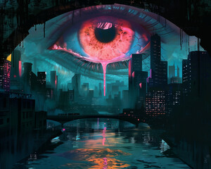 oil painting of an eye with pink eyelashes, in the background there is dark cityscape and river, hyperrealistic oil paint illustration, pink and blue colors, dark atmosphere, dripping paint effect, hi