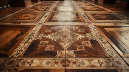 Wall Mural - Image of wooden flooring with intricate and patterned designs.