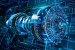 Detailed view of mechanical gears interlocking and rotating on a vibrant blue background. Generative AI