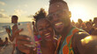 couple having fun at a music festival, dancing and taking a selfie photo together with a crowd of people on the beach during sunset, Generative AI