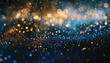 background of abstract glitter lights. blue, gold and black. A close-up view of a blue and gold background with stars. Suitable for celestial, festive, or glamorous designs.