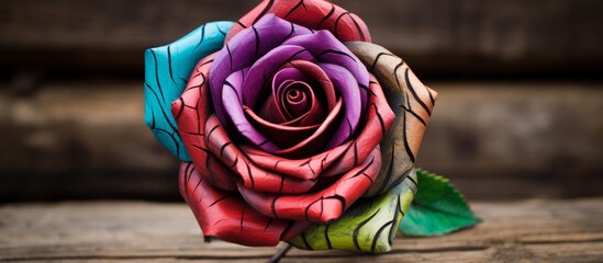 Wall Mural - Vibrant and colorful leather rose placed on a textured wooden background, accompanied by fresh green leaves