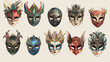 An authentic collection of handmade Venetian painted carnival face masks, suitable for party decoration or masquerade events. This realistic vector illustration showcases the intricate designs.