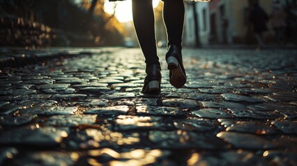 Wall Mural - Person walking on a cobblestone street at sunset, with focus the shoes and illuminated background