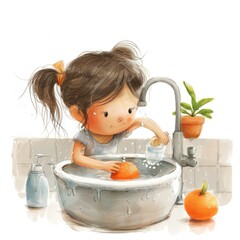 Illustration sketch of a woman girl washing oranges, citruses, tangerines,. cook food, fruit salad