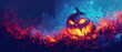 halloween monster in style of beautiful grotesque, pumpkin monster, glowing lights, autumn colors