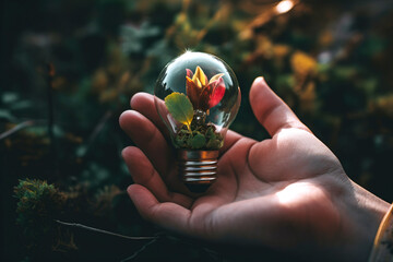 Hand holding bulb with leaf