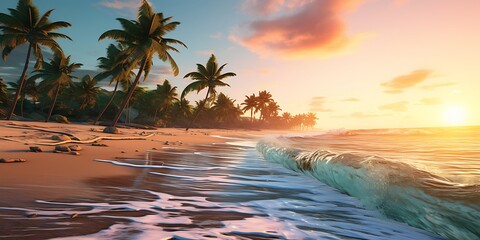 Wall Mural - Beautiful sunset on the beach. Panoramic view of the ocean.