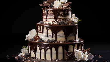 Wall Mural - Tiered cake with alternating layers of smooth dark chocolate and white chocolate, dusted with edible glitter.