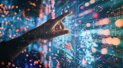 programmer's hand touches the monitor. Working with modern technology and digital layers, business strategy and big data.