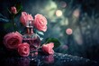 Top view of bottle with perfume on beautiful flowers