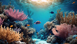 Fototapeta Do akwarium - underwater scene with corals and fish; surreal fantasy world