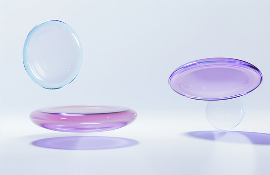 A set of floating transparent plastic lenses with iridescent colors on a white background, rendered in the style of Cinema4D, minimalist still life photography, ethereal glow, high speed sync, hologra