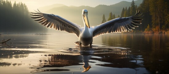 Canvas Print - A giraffe gracefully displays its wings in the tranquil water, with a majestic mountain towering in the background