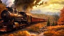 Steam Locomotive In The Autumn Forest. Digital Painting. Illustration, AI Generated