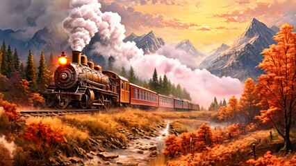 Sticker - Steam locomotive in the autumn forest. 3D illustration. Vintage style, AI Generated