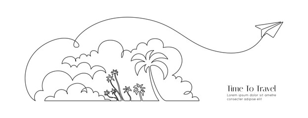 Poster - One continuous line drawing of summer travel vacation concept. Tropical landscape with beach and palm tree in simple linear style. Paper plane in clouds in editable stroke. Doodle vector illustration