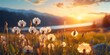 Dandelion flowers in the meadow at sunset. Beautiful nature background
