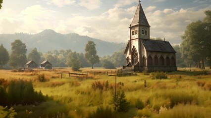 Wall Mural - Church in the meadow at sunset. Vintage style toned picture, AI Generated