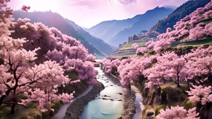 Wall Mural - Cherry blossoms in spring season with river and mountain background, AI Generated