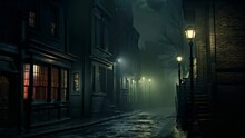 Old Town Street At Night With Fog And Moonlight In The Background, AI Generated