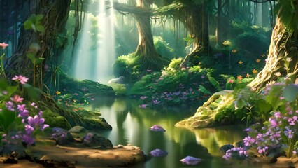 Canvas Print - A vibrant painting showcasing a serene forest filled with colorful flowers and a flowing stream, The heart of a dense, mystic rainforest with glowing flora, AI Generated