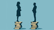 Gerechte Lohngleichheit visualisiert: Zwei Silhouetten, eine weiblich und eine männlich, stehen sich gegenüber, beide auf gleich hohen Stapeln von Münzen.