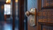 Close-up doorknob of wooden door. Premium door lock security company background.