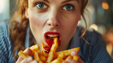 Fototapeta  - Schneller Snack im Arbeitsstress: Eine junge Geschäftsfrau isst angewiedert schnell Ihre Pommes während einer kurzen Pause.

