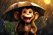 A  cute baby monkey laughing and having fun holding an umbrella on a rainy day.
Generative AI