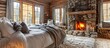 Cozy Cabin Bedroom with Stone Fireplace and Plush Blankets in Rustic Winter Retreat