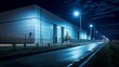 Brightly Lit Blue Warehouse at Night Ai generated