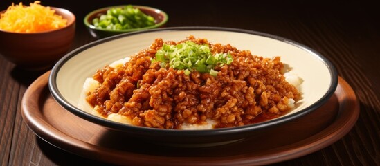 Wall Mural - A bowl filled with delicious cooked meat and tender rice is placed on a wooden table