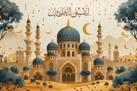 Free vector eid mubarak festival mosque greeting background,generative ai