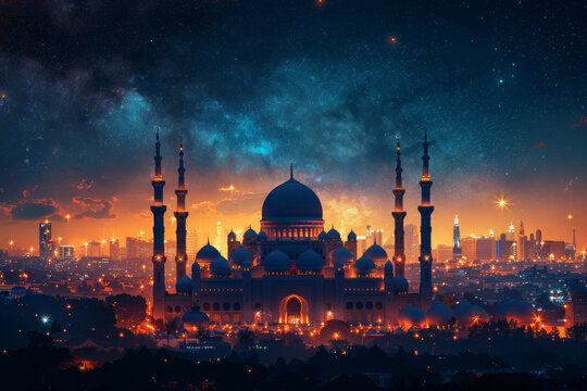 Free vector eid mubarak festival mosque greeting background,generative ai