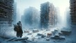 Snow-covered ruins with lone survivor

