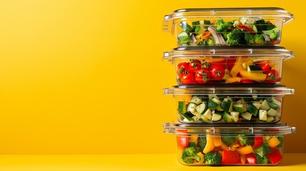 A pile of sealed glass containers filled with colorful cooked veggies on a bright yellow background, showing the idea of preparing meals ahead of time.