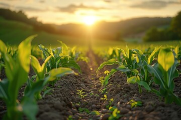 A field of green plants with a sun shining on them