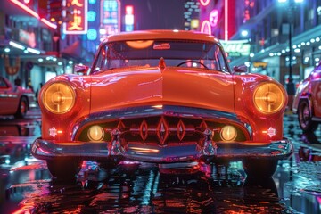 Wall Mural - The glow of neon lights reflecting off the flawless paintwork of a vintage automobile, transporting viewers to a hyperrealistic urban landscape.