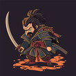 Cute samurai warrior character illustration with katana sword