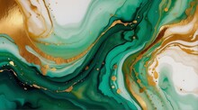 Green Natural Luxury Abstract Fluid Art Painting In Alcohol Ink Technique. Tender And Dreamy Wallpaper. Mixture Of Colors Creating Transparent Waves And Golden Swirls. For Posters, Other Printed Mater