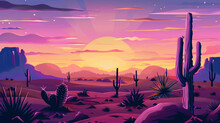 Illustration Of  Psychedelic Style Cactus And Desert At The Sunrise
