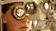 Intently looking child being tested with optical phoropter, eye care concept.