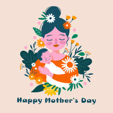Fototapeta Boho - Happy Mothers Day vector greeting happy woman holding a baby with flowers in a cartoon flat style. Vector greeting baby shower card for mom mother.