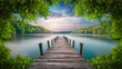 An image captures a tranquil scene with a wooden pier extending into a still lake. Lush green foliage can be seen around the region presenting a calm and peaceful environment. Up above, the sky r...