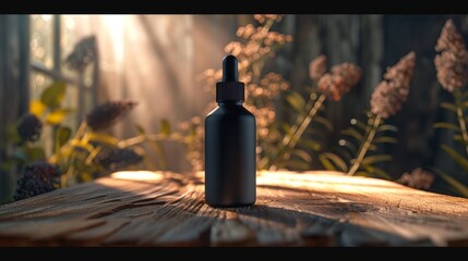 Matte dropper bottle on weathered wooden surface